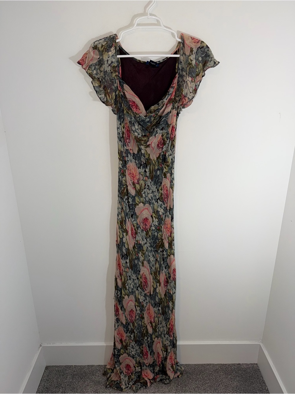 Vintage Floral Flutter Sleeve Maxi Dress in Pink and Green